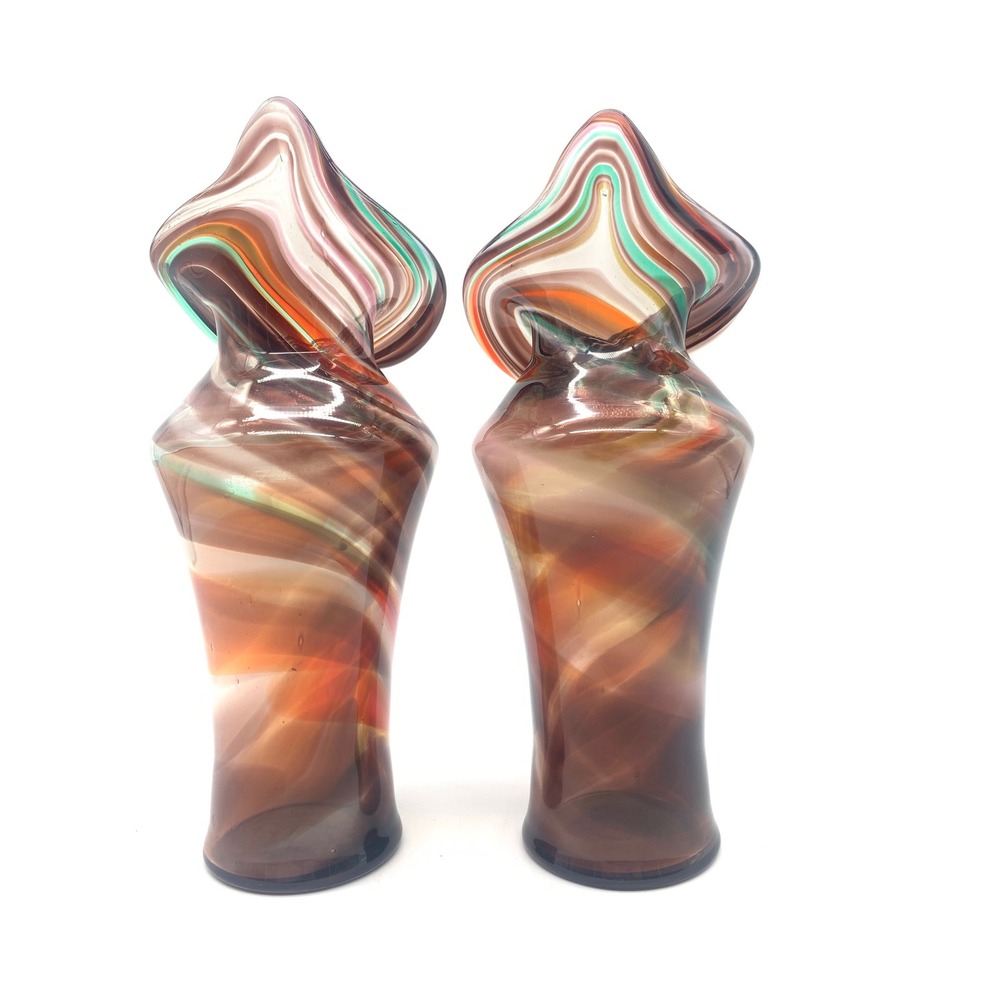 Art Glass Vases Pair Brown Multicolor Swirl Jack in the Pulpit Hand Blown 9in